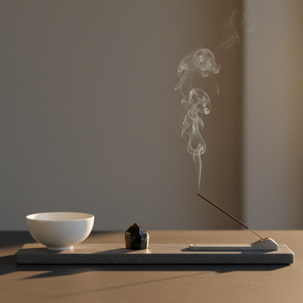 A Reiki and energy-balancing setting in a minimalist studio: a smooth, low, dark-stone slab holds three carefully aligned objects—a simple white ceramic bowl with a faint gloss, a small obsidian crystal, and a thin, extinguished incense stick resting on a narrow concrete holder with a wisp of smoke lingering above. The background is an uncluttered, warm-grey wall fading gently into shadow. Soft, golden-hour light from the right creates delicate highlights on the crystal’s facets and subtle reflections on the ceramic, while the smoke catches the light in fine detail. Photographic realism, shot close-up with a shallow depth of field, emphasizes stillness and subtle energy. The mood is deeply tranquil, precise, and elevated, evoking modern, premium Reiki practice without any human presence.