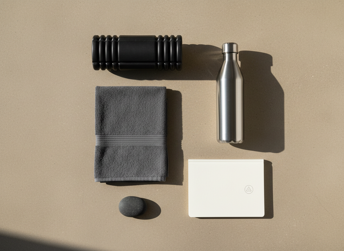 A meticulously arranged flat lay of holistic performance tools on a smooth, warm-grey concrete surface: a matte-black foam roller, a neatly folded charcoal towel with a subtle woven texture, a sleek stainless-steel water bottle, a minimalist notebook embossed with a discreet Element One–style symbol, and a small basalt stone. Soft, diffused daylight from the left creates gentle gradients and refined shadows, emphasizing materials and edges. The background is clean and uncluttered, with negative space around the objects. Photographic realism with a minimalist, premium aesthetic, shot from a perfectly overhead, birds-eye view, sharp focus across the frame. The mood is calm, focused, and aspirational, visually expressing integrated human optimisation through refined, functional objects in harmony.
