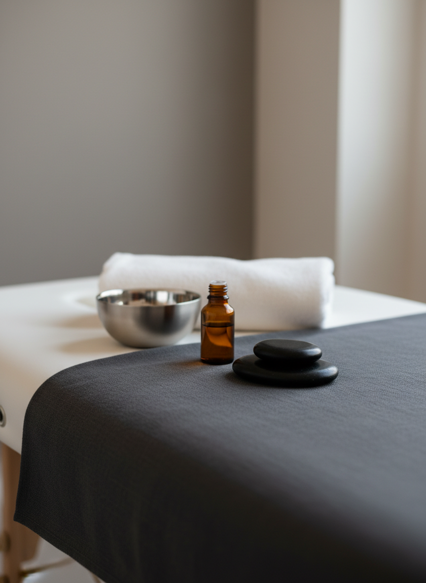 A close-up, photographic-realistic scene of a professional sports massage setup on a pristine, matte-white massage table. A dark charcoal fitted sheet contrasts with a neatly folded white towel at the headrest, beside a brushed stainless-steel bowl, a small amber glass oil bottle, and two smooth black basalt stones. The background fades into a softly blurred, minimalist studio wall in warm grey. Side lighting from a high, unseen window creates subtle highlights on the fabric textures and a gentle sheen on the stones. Shot from a slightly elevated angle with a shallow depth of field, the composition feels intimate yet clinical, projecting precision, recovery, and high-end athletic care within a sophisticated, integrated health environment.