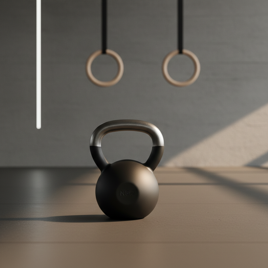 A refined functional fitness zone captured in photographic realism: a single matte-black kettlebell with a brushed steel handle sits on a smooth, dark rubber floor, aligned precisely with a pair of minimalist wooden gym rings hanging in the soft-focus background. The rear wall is a muted stone-grey with a subtle texture, interrupted only by a slim vertical light strip emitting gentle, cool-white illumination. Additional soft natural light filters from the right, casting long, clean shadows and highlighting the kettlebell’s curves. Shot at low angle, the kettlebell dominates the foreground in sharp focus, with the rings slightly blurred behind. The mood is focused, disciplined, and premium, representing functional strength as part of holistic human optimisation.