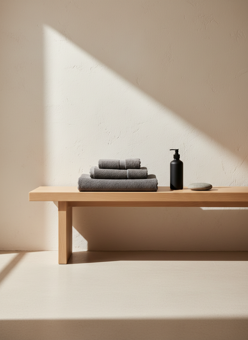 A serene corner of a minimalist health studio, featuring a low, pale-oak bench with perfectly folded dark slate-grey towels, a matte-black massage oil bottle, and a single smooth river stone placed precisely at the edge. The wall behind is a soft, textured off-white plaster, subtly illuminated by diffused natural light from an unseen window. Gentle shadows lengthen across a light concrete floor, giving depth without clutter. Photographic realism, shot at eye level with a slightly wide frame to emphasize spaciousness and calm. The mood is sophisticated, restorative, and premium, embodying integrated mind–body care without any visible people, only refined objects and textures arranged with deliberate balance.
