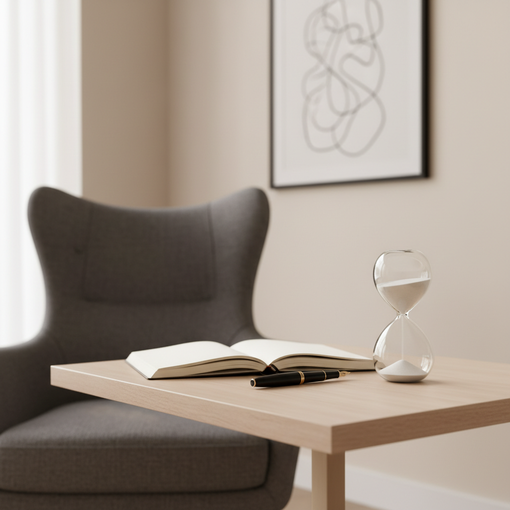 An elegant psychotherapy and counselling space rendered in photographic realism: a low, pale-wood side table holds a single open, cream-colored notebook, a black fountain pen, and a small, round sand timer with fine white sand mid-flow. Behind, a high-backed, charcoal-toned armchair is partially visible, its fabric texture softly blurred. The wall is a calm, warm off-white, with a minimal framed abstract line drawing hinting at mind–body integration. Diffused daylight from a large, unseen window on the left bathes the scene, creating soft highlights on the glass and wood edges. Shot at a gentle three-quarter angle, with shallow depth of field, the atmosphere is contemplative, safe, and quietly luxurious, symbolizing reflective inner work within a sophisticated, integrated care setting.